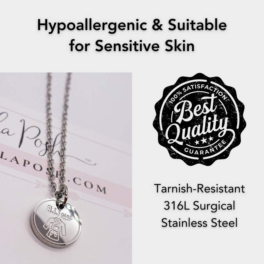 Hypoallergenic, tarnish resistant BJJ Girl shown in silver.