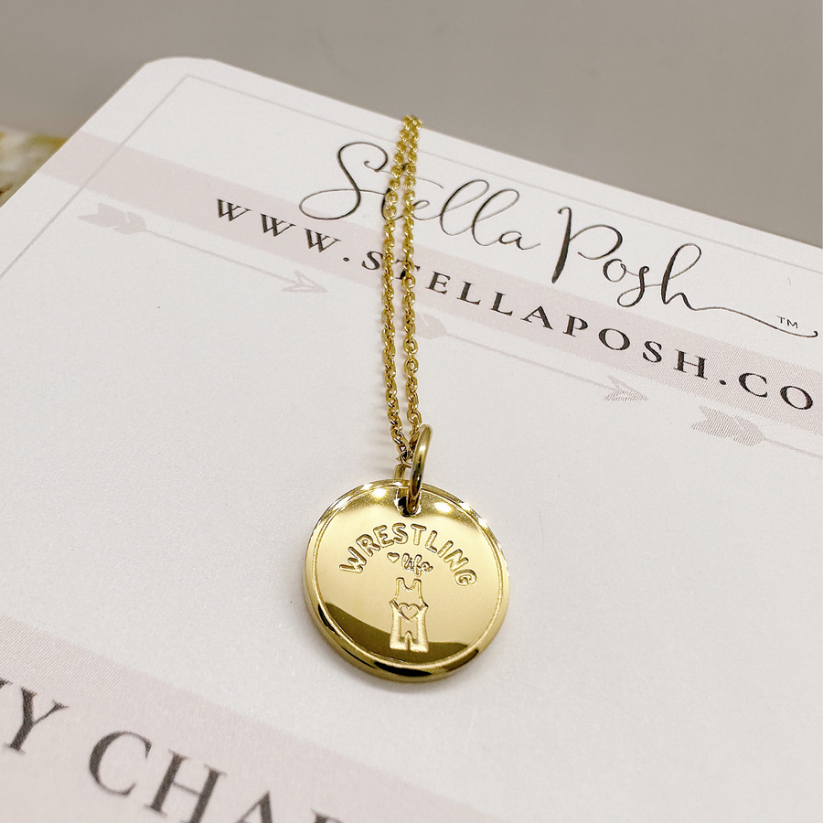 Gold girl's wrestling disc charm necklace.