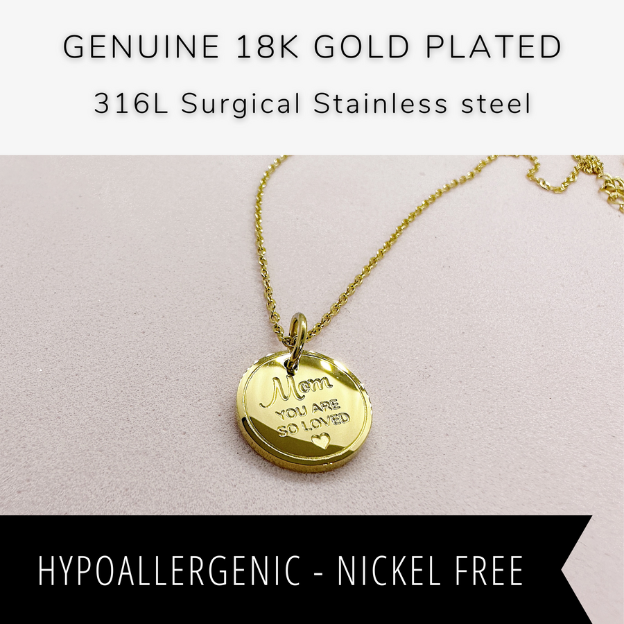 18K gold plated Mom Mother disc charm necklace.