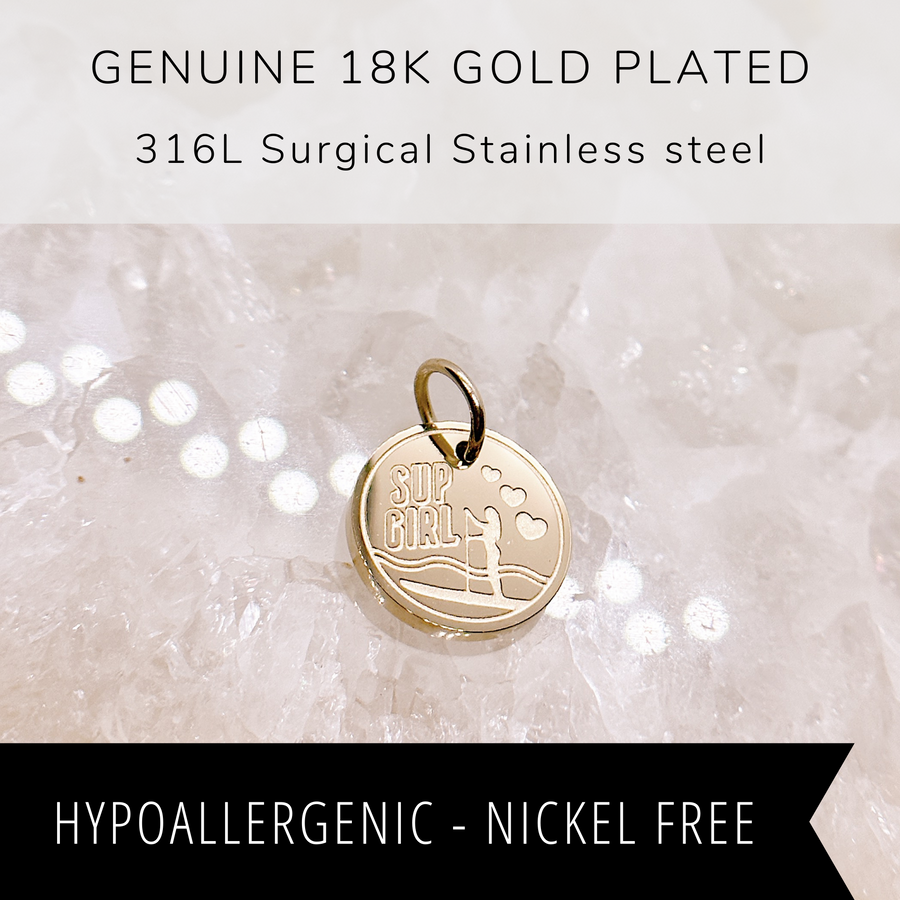 18K gold plated stand up paddle board disc charm necklace.