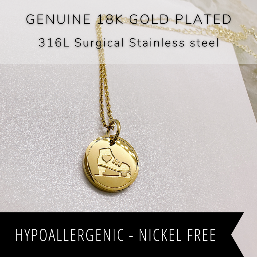 18K gold plated ice skate disc charm necklace. Hypoallergenic-Nickel Free.
