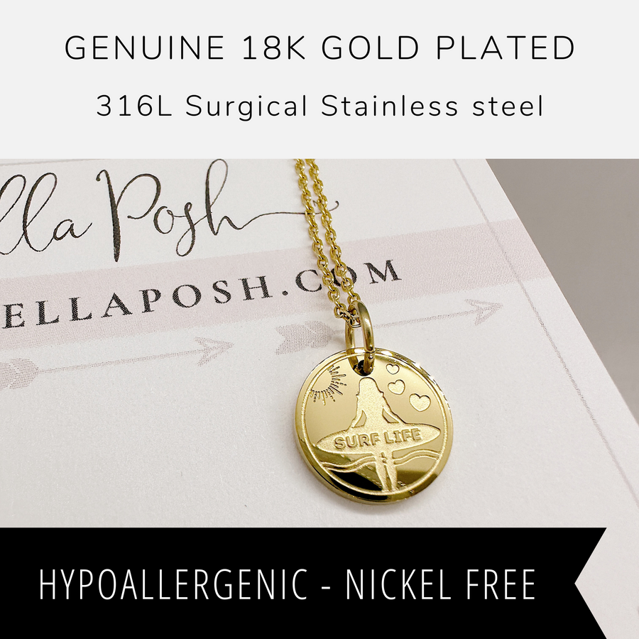 18K gold plated surfer disc charm necklace.