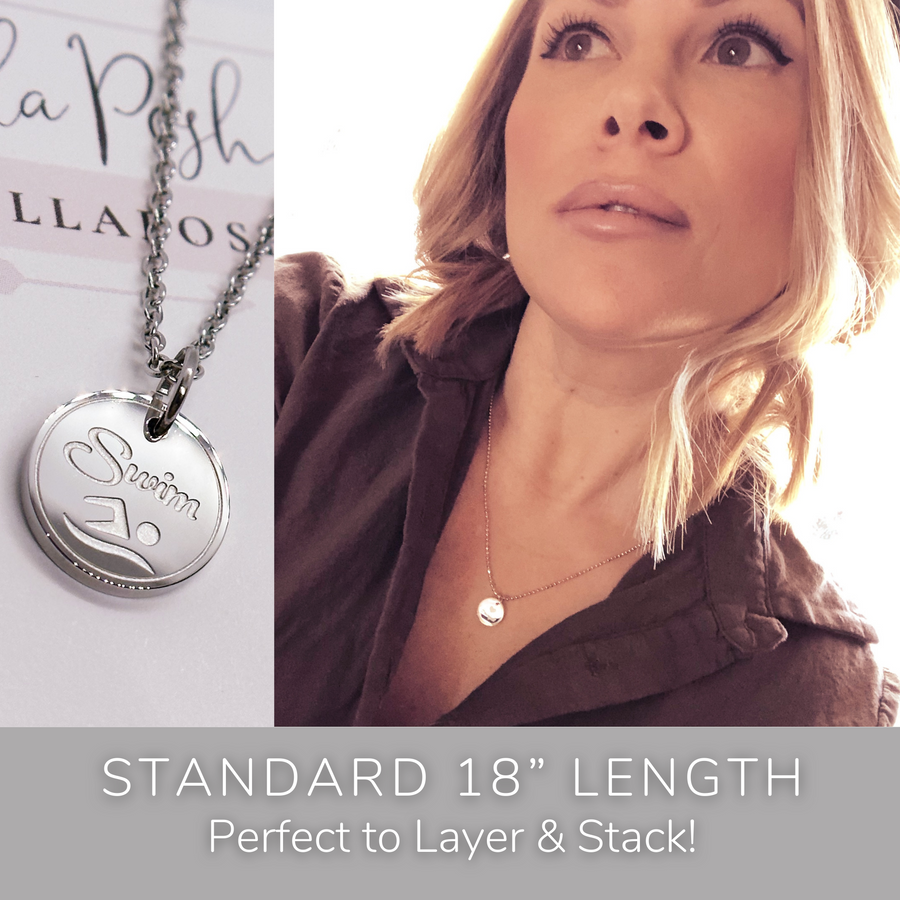 Model wearing stackable disc charm necklace. Perfect to Layer and Stack!