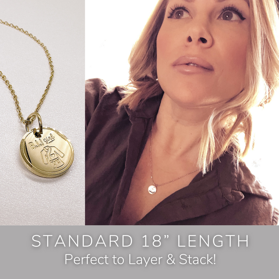Model wearing standard 18" BJJ Girl Custom Disc Charm  Necklace. Perfect to layer and stack!
