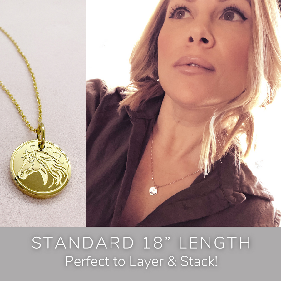 Model wearing stackable disc charm necklace. Perfect to Layer and Stack!