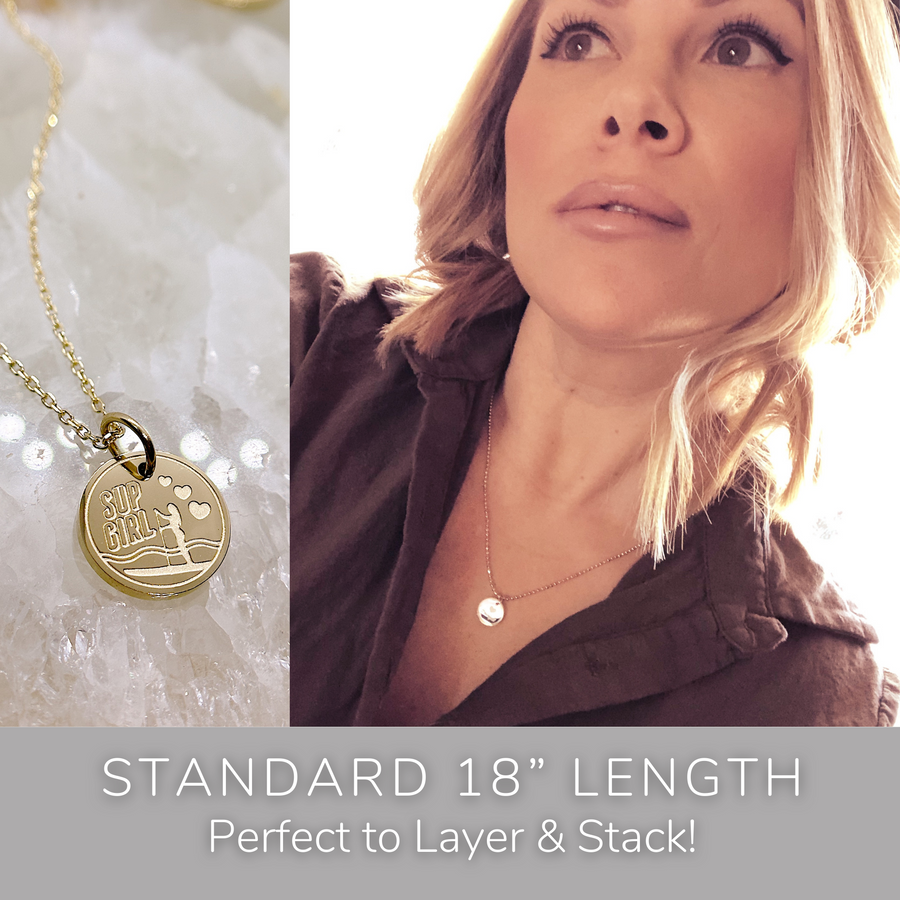 Model wearing stackable disc charm necklace. Perfect to Layer and Stack!