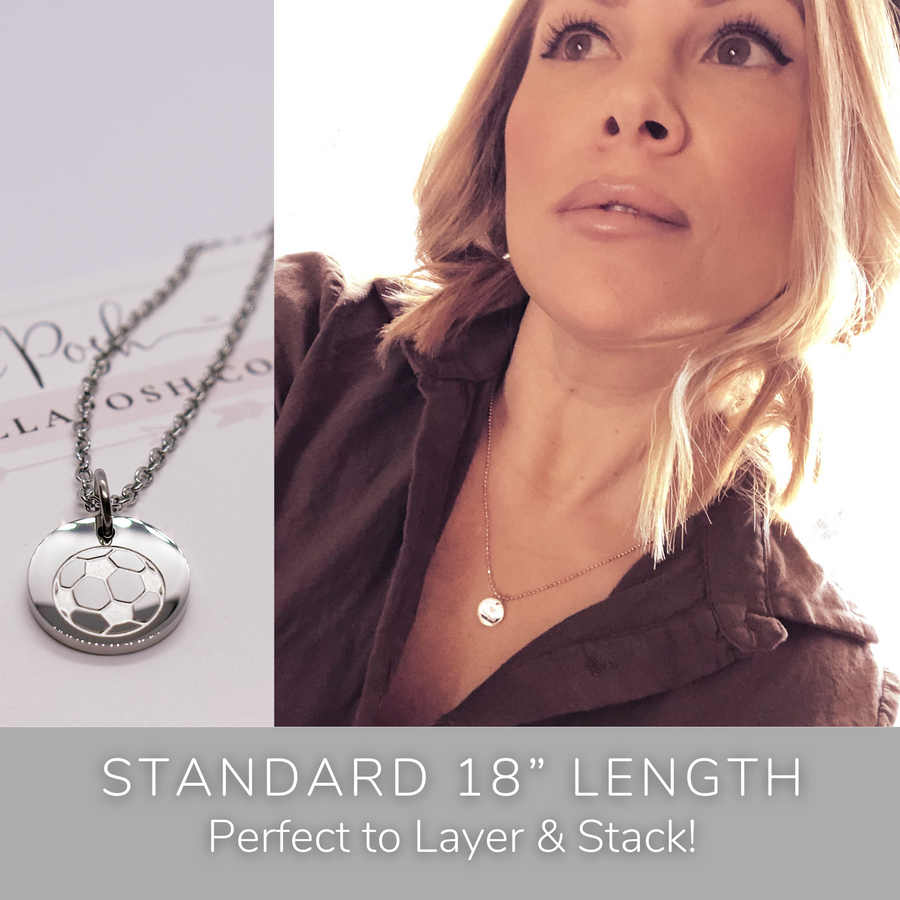 Model wearing stackable disc charm necklace. Perfect to Layer and Stack!