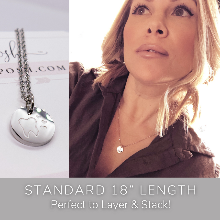 Model wearing stackable disc charm necklace. Perfect to Layer and Stack!