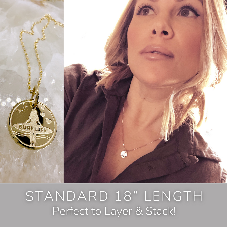 Model wearing stackable disc charm necklace. Perfect to Layer and Stack!