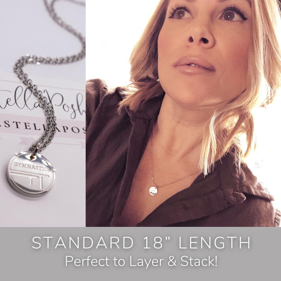 Model wearing stackable disc charm necklace. Perfect to Layer and Stack!