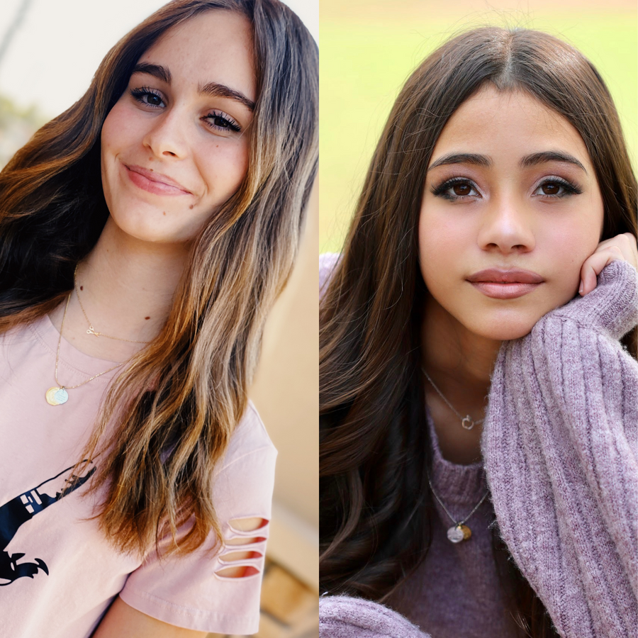 Models wearing charm necklaces.