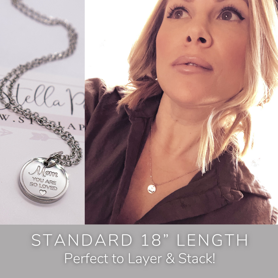 Model wearing stackable disc charm necklace. Perfect to Layer and Stack!