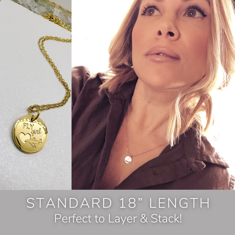 Model wearing stackable disc charm necklace. Perfect to Layer and Stack!