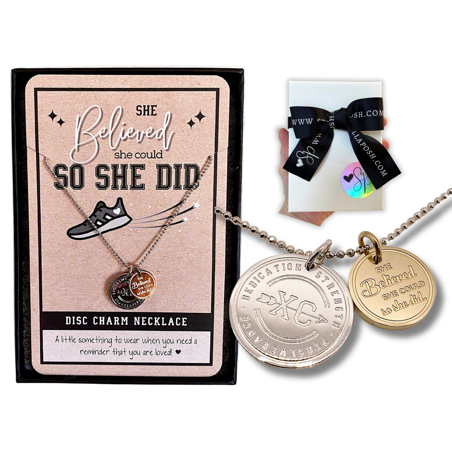 Dainty Cross Country Charm Necklace with 14K Gold plated or Rhodium plated 'Cross Country' charm, and 'She believed she could so she did' charm, on a .925 sterling silver chain, either 14K Gold plated or Rhodium plated, with gift-ready packaging, 'The Perfect little something!'
