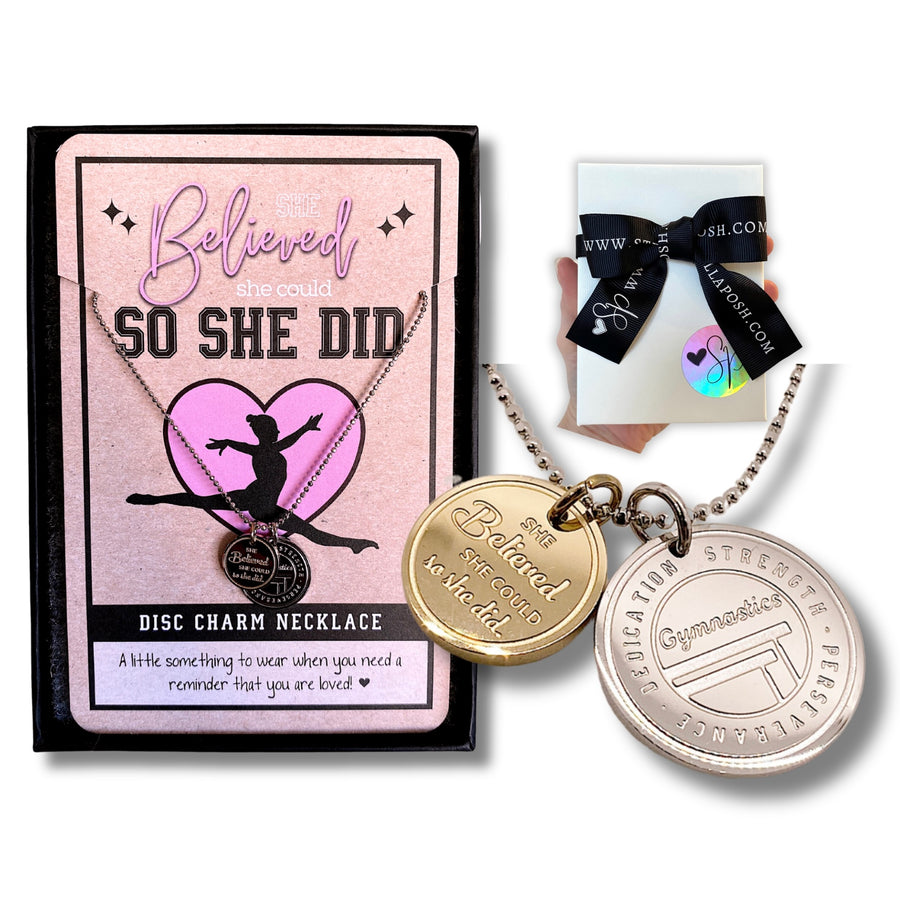 Dainty Gymnastics Charm Necklace with Gymnastic charm, and 'She believed she could so she did' charm.