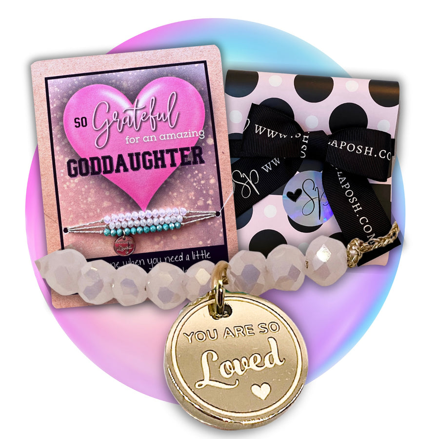 Amazing Goddaughter Charm Bracelet Set with 14K Gold plated 'You are so Loved' charm, with gift package.