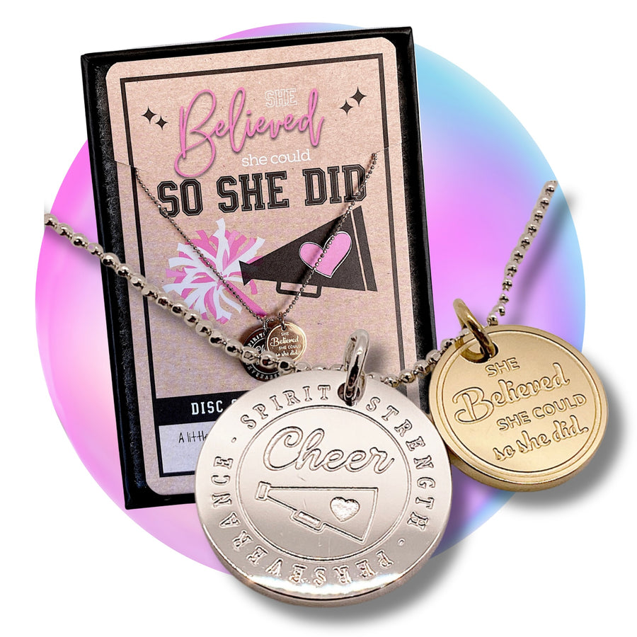 Dainty Cheer Charm  Necklace with '14K Gold plated or Rhodium plated Cheer' charm, and 'She believed she could so she did' charm.