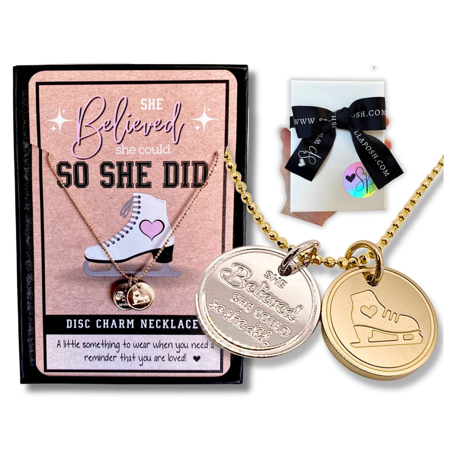 Dainty Ice Skate Charm Necklace with 14K Gold plated or Rhodium plated 'Ice Skate' charm, and 'She believed she could so she did' charm, with gift-ready packaging, 'The Perfect little something!'