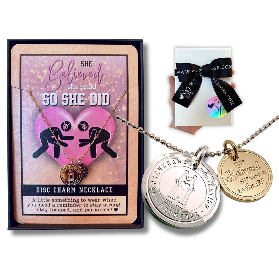 Adjustable length Dainty Wrestling Charm Necklace with 14K Gold plated or Rhodium plated 'Westling' charm, and 'She believed she could so she did' charm, with gift-ready packaging, 'The Perfect little something!'