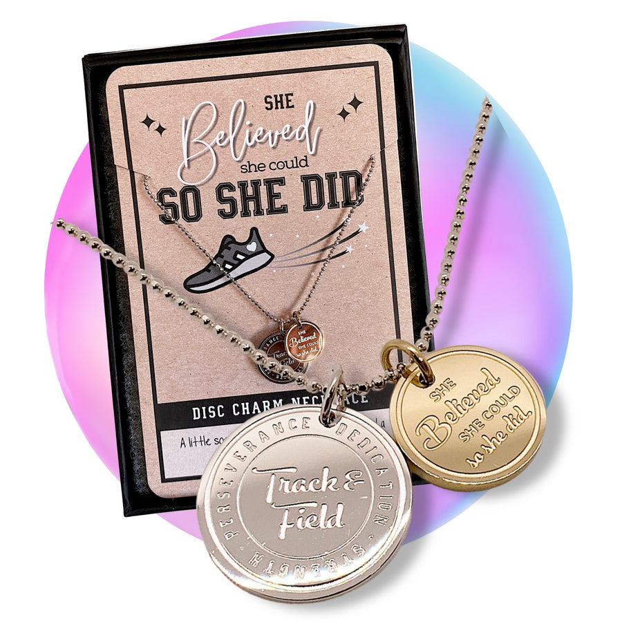 Dainty Track and Field Charm  Necklace with 14K Gold plated or Rhodium plated 'Track and Field' charm, and 'She believed she could so she did' charm.
