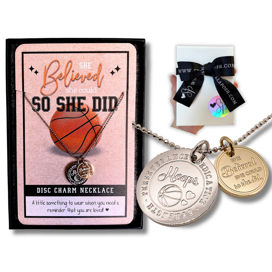Basketball Charm Necklace with 14K Gold plated or Rhodium plated 'Basketball' charm, and 'She believed she could so she did' charm, with gift-ready packaging, 'The Perfect little something!'