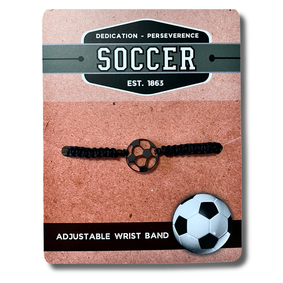 Soccer adjustable unisex wristband, mounted and ready for gift giving.