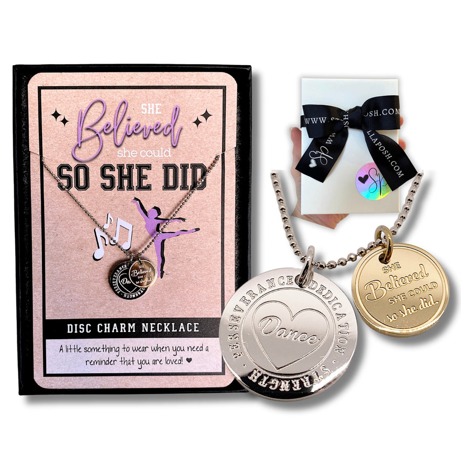 Dainty Dance Charm Necklace with 14K Gold plated or Rhodium plated 'Dance' charm, and 'She believed she could so she did' charm, with gift-ready packaging, 'The Perfect little something!'
