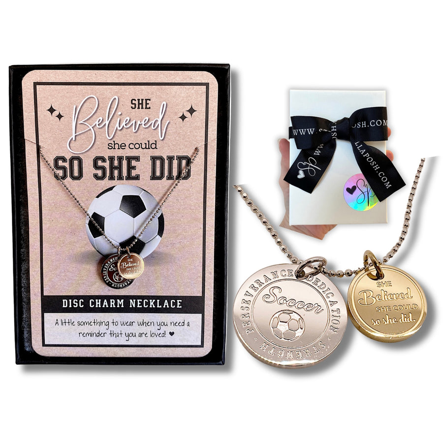 Dainty Soccer Charm Necklace with 14K Gold plated or Rhodium plated 'Soccer' charm, and 'She believed she could so she did' charm, with gift-ready packaging, 'The Perfect little something!'