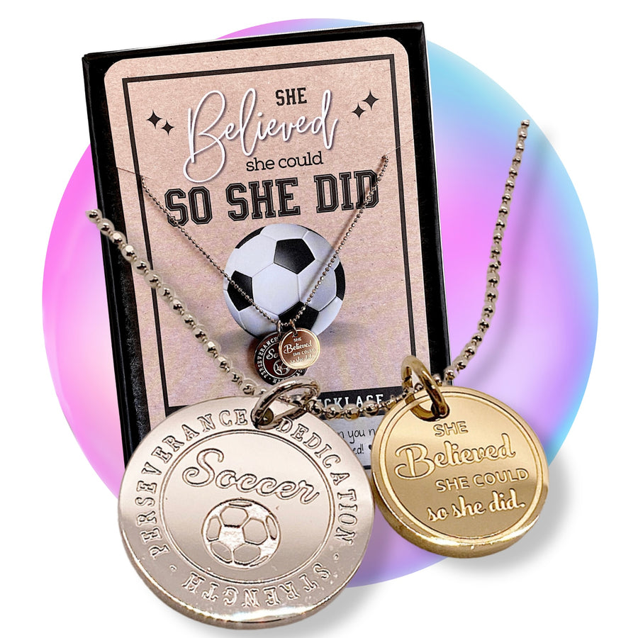 Dainty Soccer Charm Necklace with 14K Gold plated or Rhodium plated 'Soccer' charm, and 'She believed she could so she did' charm.