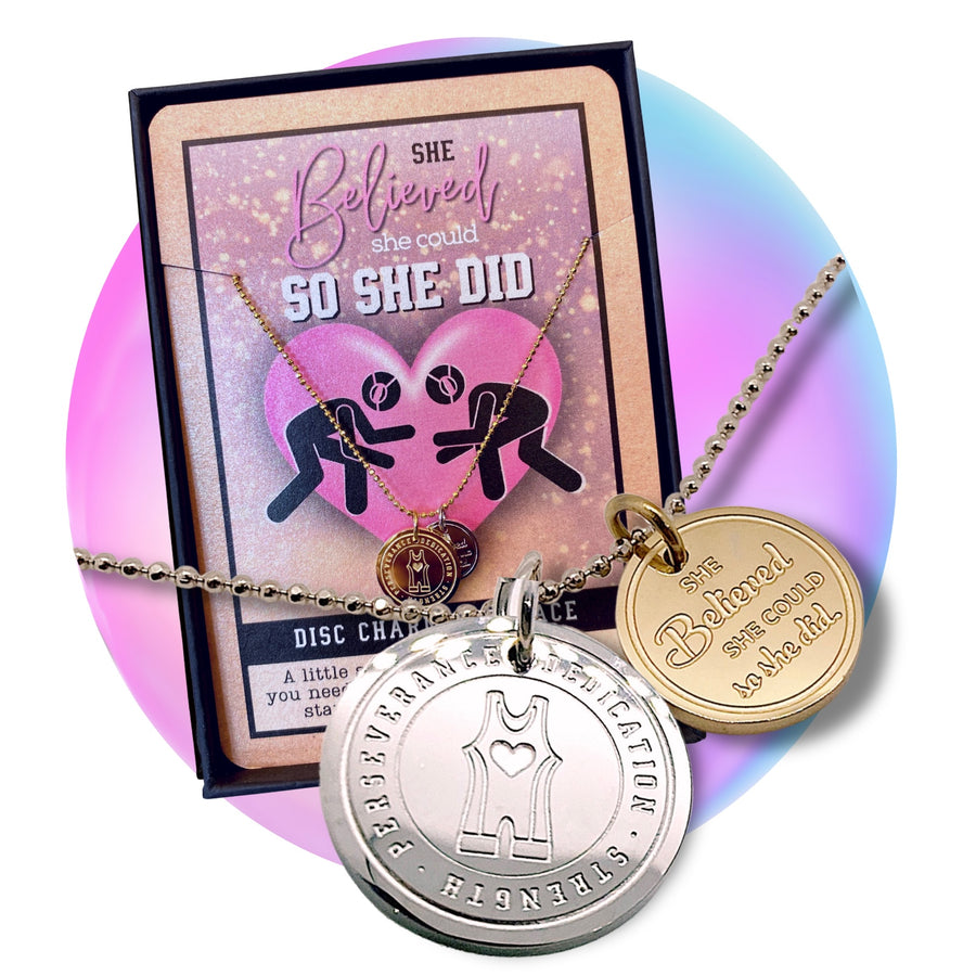 Adjustable length Dainty Wrestling Charm Necklace with 14K Gold plated or Rhodium plated 'Westling' charm, and 'She believed she could so she did' charm.