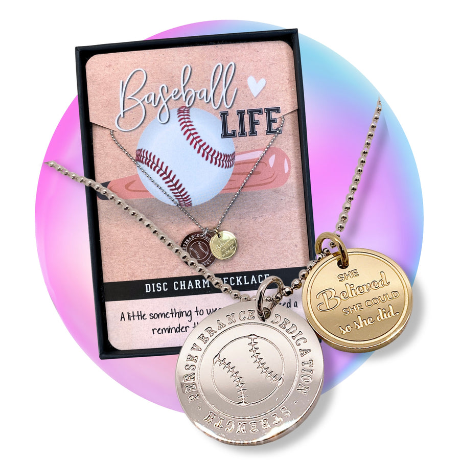 Baseball Life Charm Necklace, with 14K Gold plated or Rhodium plated 'Baseball' charm, and 'She believed she could so she did' charm.