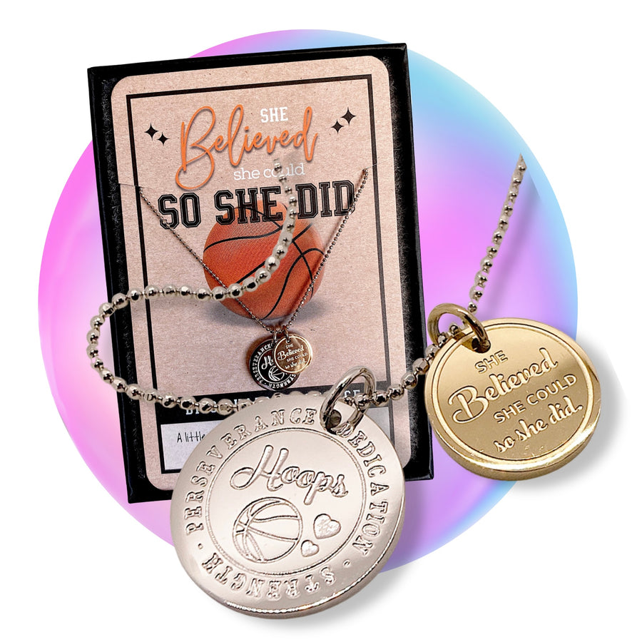 Basketball Charm Necklace with Basketball charm, and 'She believed she could so she did' charm.