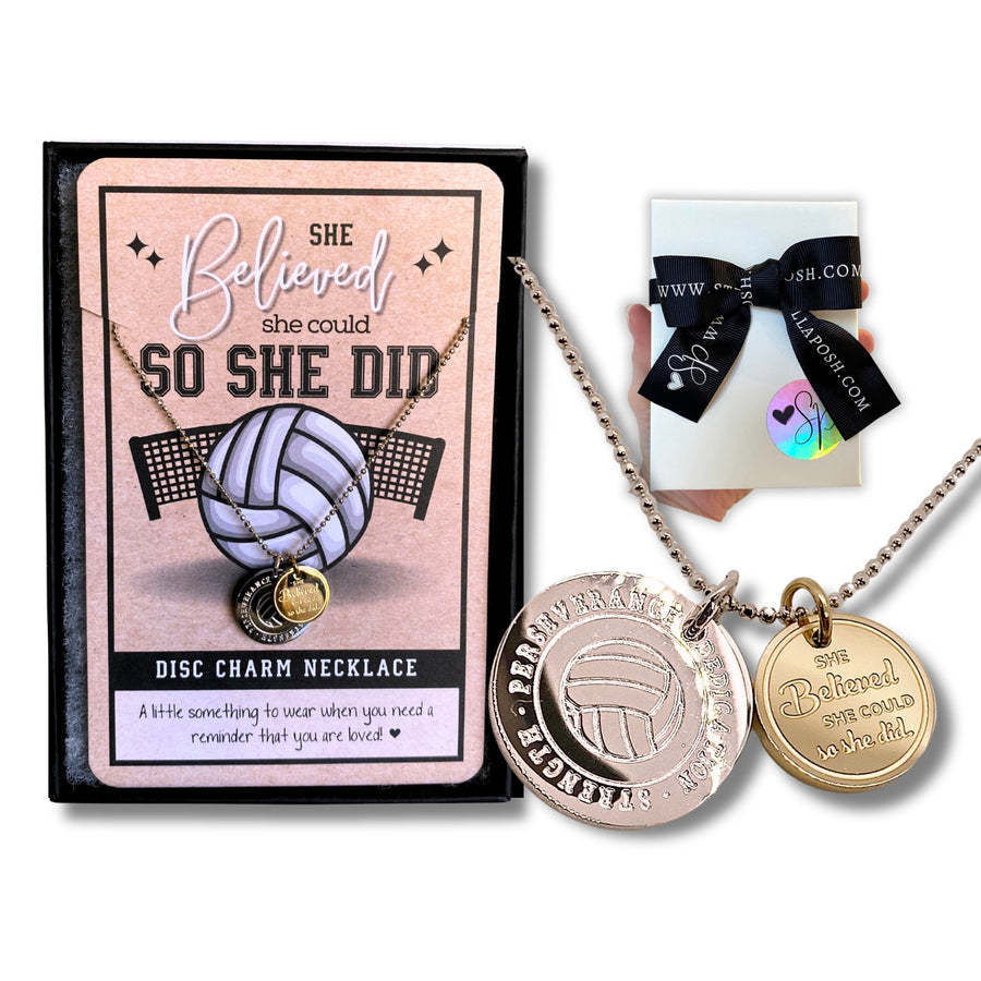 Adjustable length Dainty Volleyball Charm Necklace with 14K Gold plated or Rhodium plated 'Volleyball' charm, and 'She believed she could so she did' charm, with gift-ready packaging, 