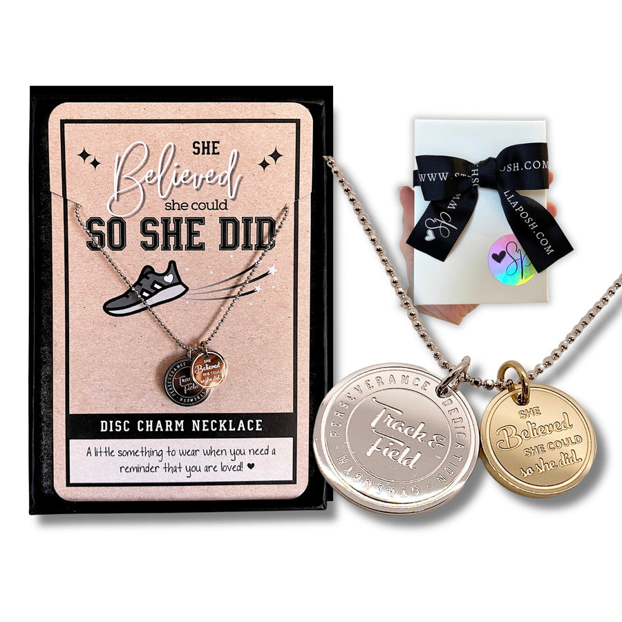 Dainty Track and Field Charm Necklace with 14K Gold plated or Rhodium plated 'Track and Field' charm, and 'She believed she could so she did' charm, with gift-ready packaging, 'The Perfect little something!'