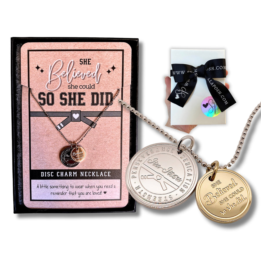 Jiu Jitsu Charm Necklace with 14K Gold plated or Rhodium plated 'Jiu Jitsu' charm, and 'She believed she could so she did' charm, with gift-ready packaging, 'The Perfect little something!'
