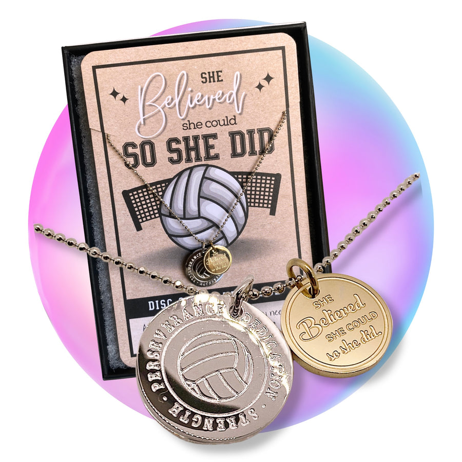 Adjustable length Dainty Volleyball Charm Necklace with 14K Gold plated or Rhodium plated 'Volleyball' charm, and 'She believed she could so she did' charm.