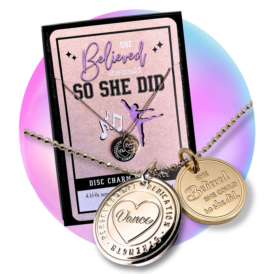 Dainty Dance Necklace Dance charm, and 'She believed she could so she did' charm.