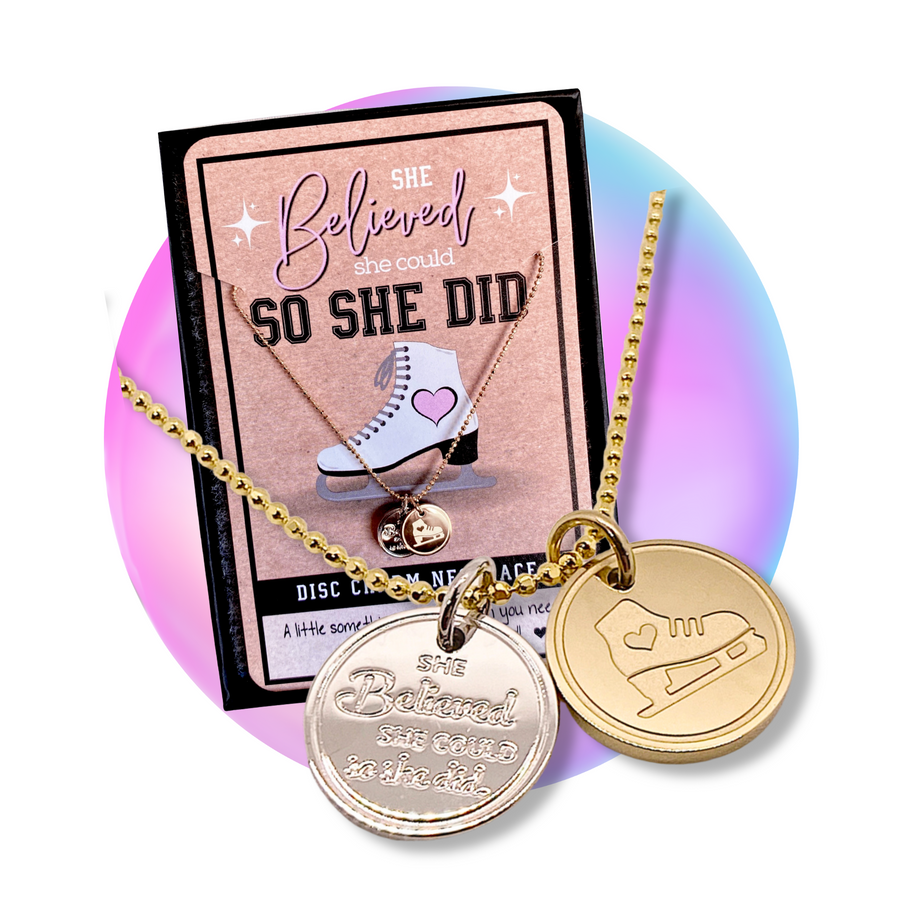 Dainty Ice Skate Charm Necklace with 14K Gold plated or Rhodium plated 'Ice Skate' charm, and 'She believed she could so she did' charm.