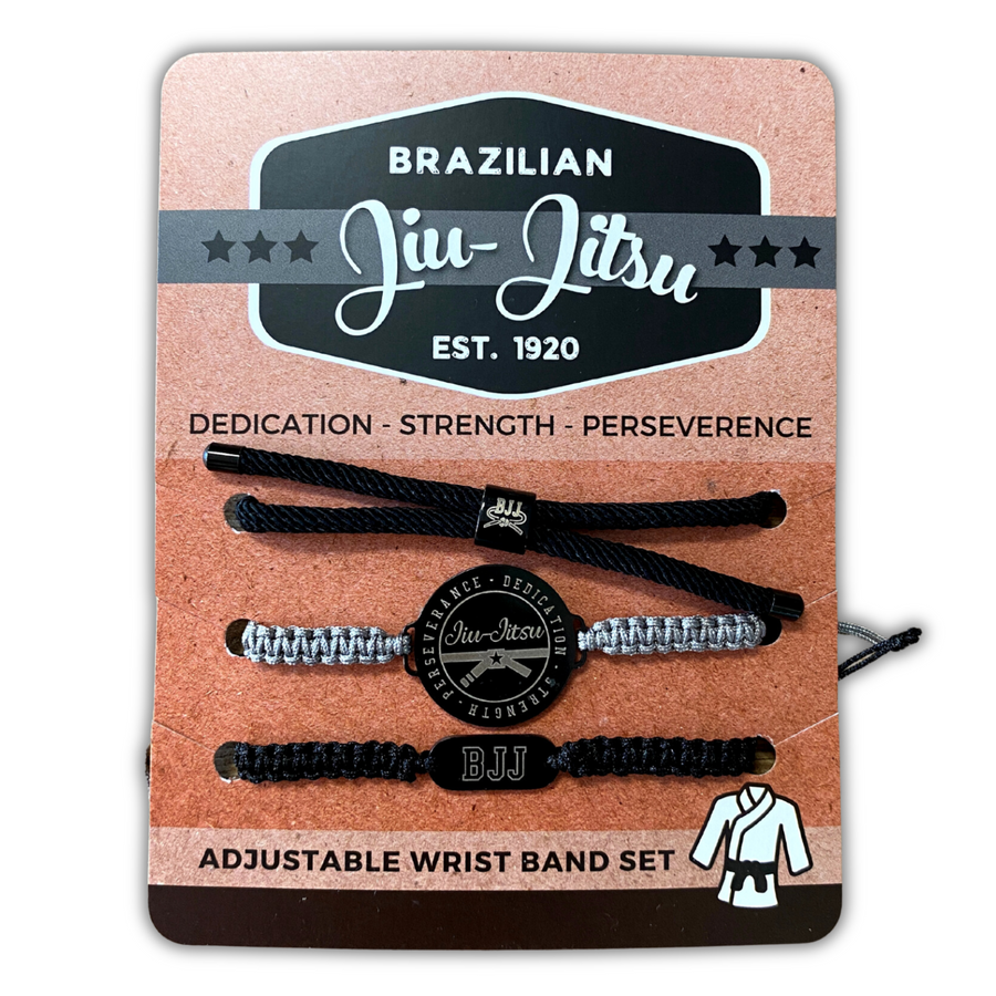 Jiu Jitsu adjustable unisex wristbands set, mounted and ready for gift giving.