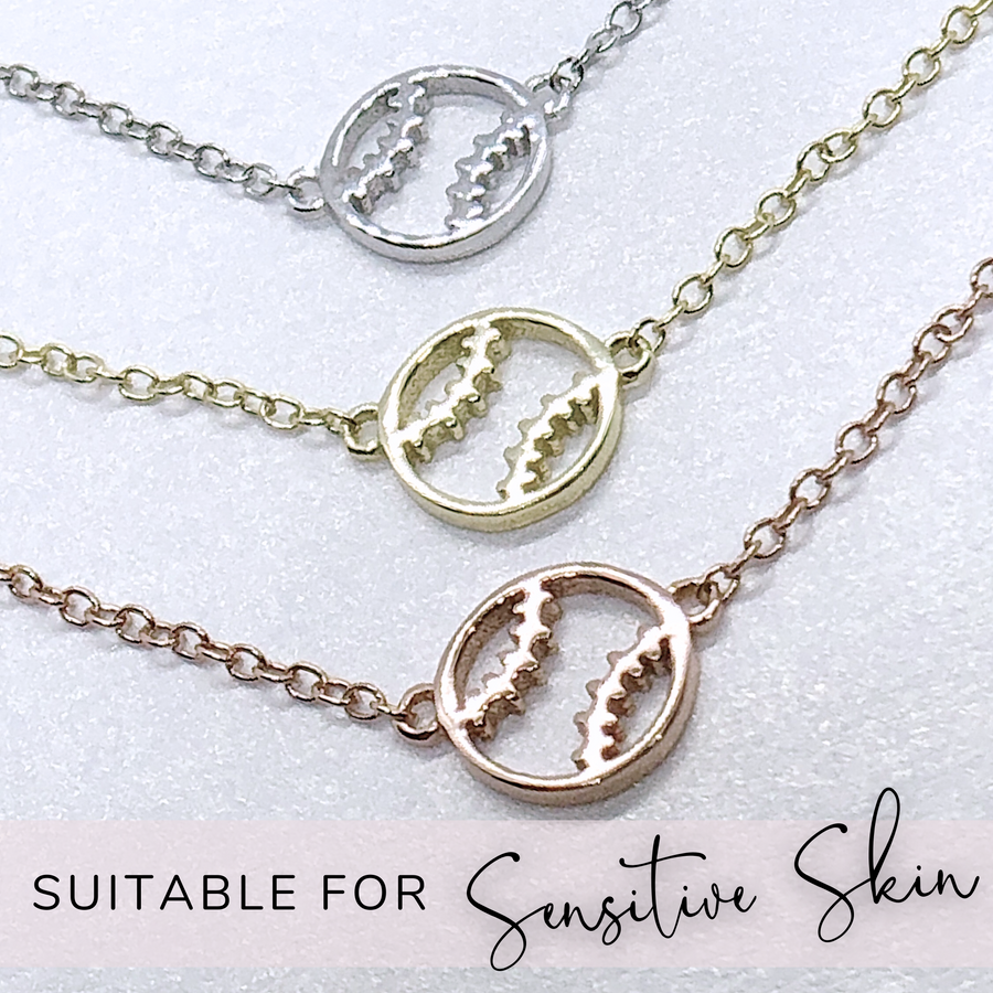 Tiny hypoallergenic .925 silver Softball Necklaces in Silver, Gold, andRose Gold.