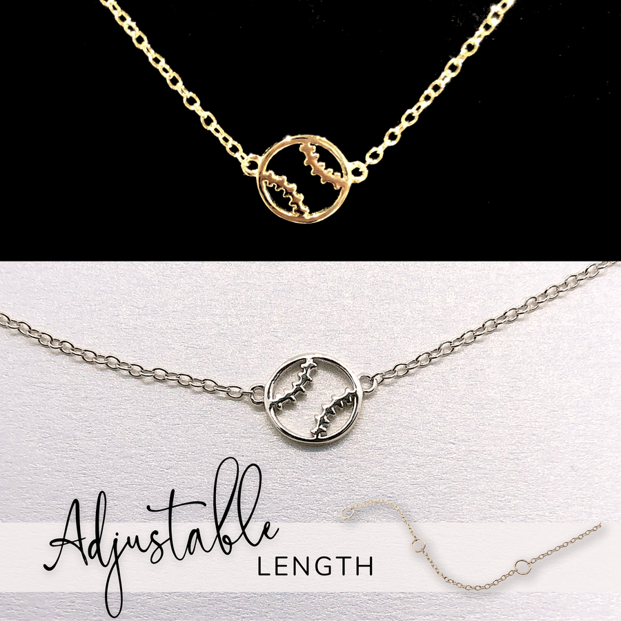 Tiny adjustable length .925 silver Softball Necklaces in gold and silver.