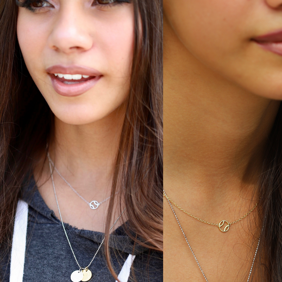 Teen Models wearing tiny .925 silver Softball Necklaces, layered with Charm Necklaces.