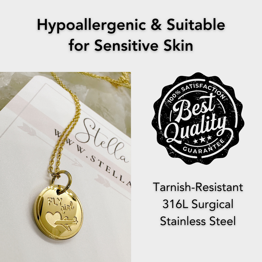 Hypoallergenic gold travel fly disc charm necklace, suitable for sensitive skin.