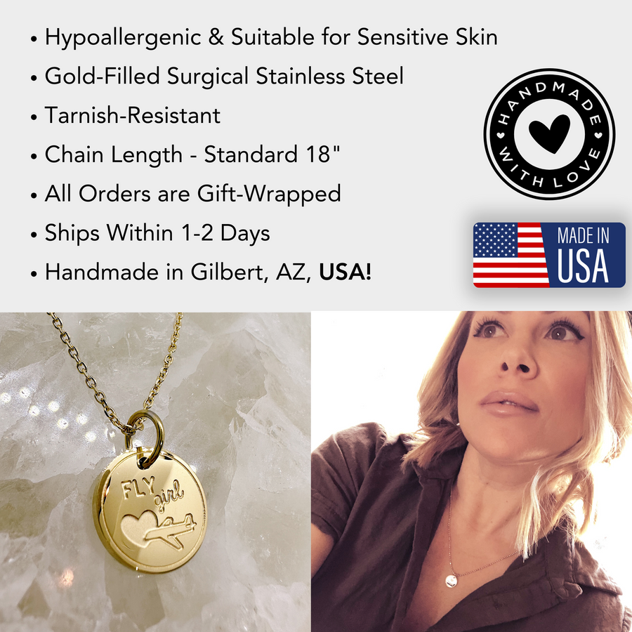 Fly girl travel disc charm necklace information details.