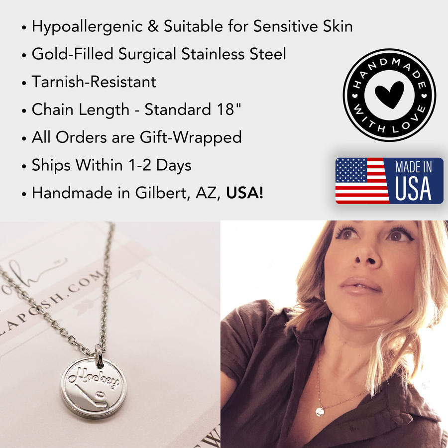 Hockey disc charm necklace information details.