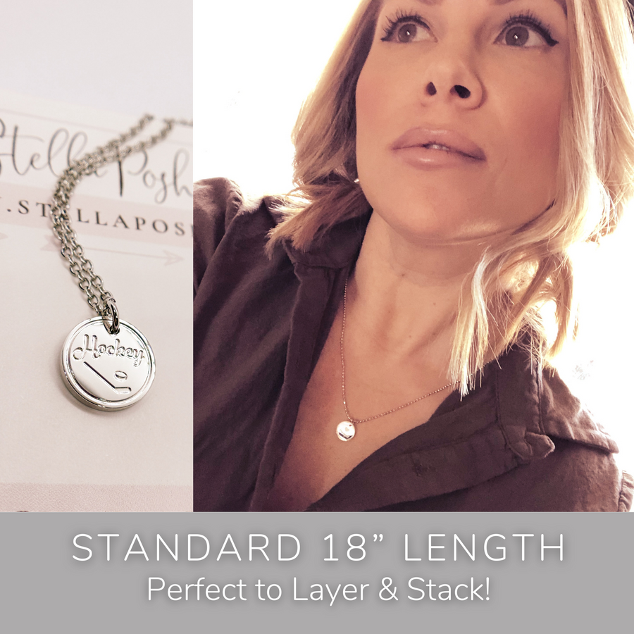 Model wearing stackable disc charm necklace. Perfect to Layer and Stack!