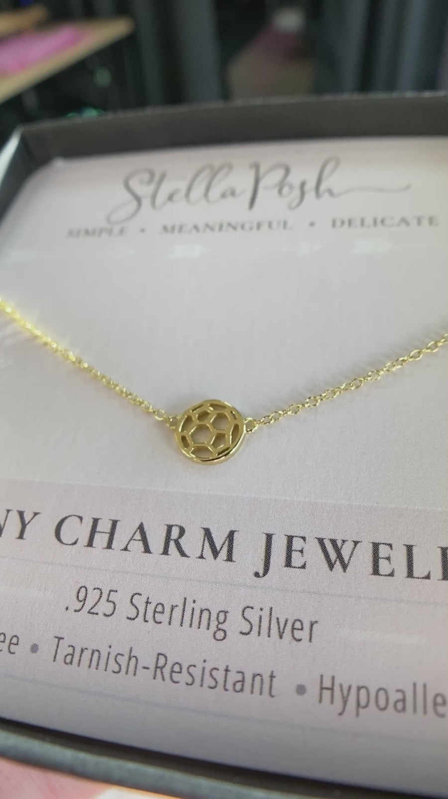 Tiny .925 silver Soccer Ball Necklace in gold., mounted on quality card and boxed for gifting.