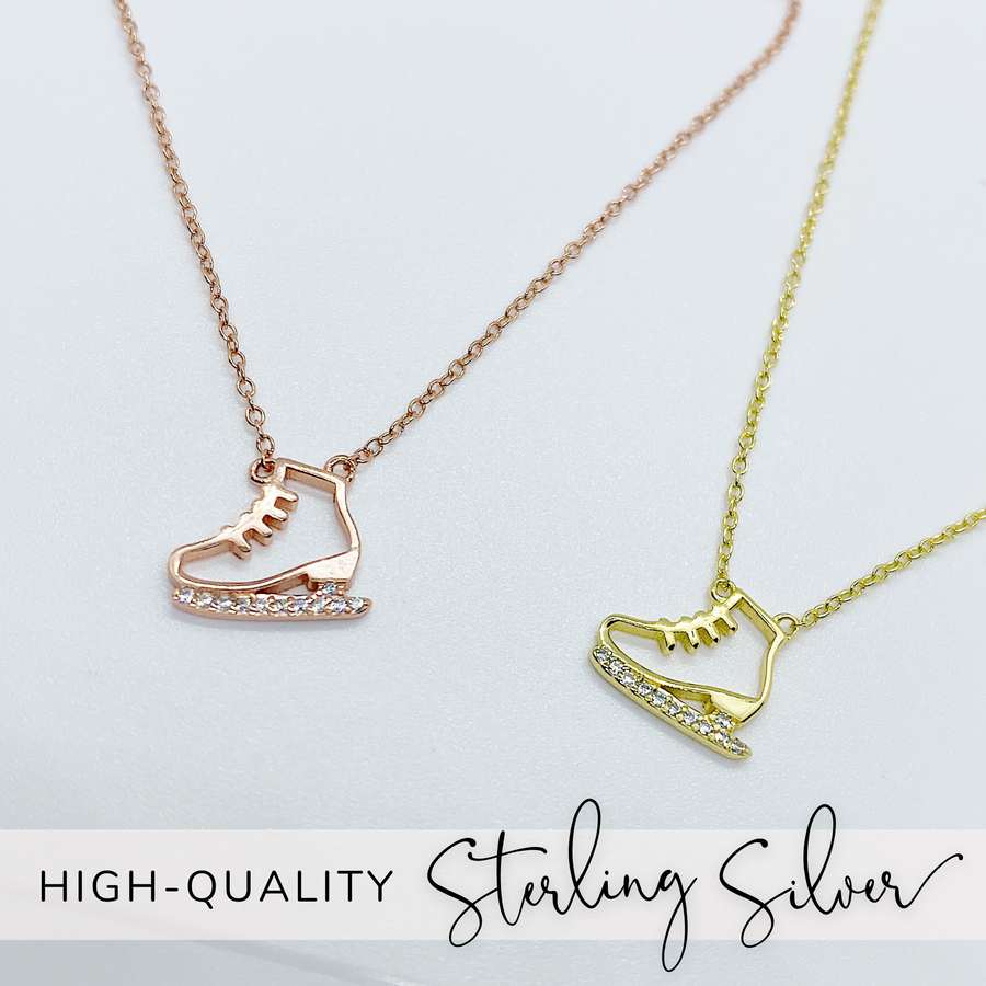 .925 silver Dainty Ice Skate Necklaces with premium cubic zirconias in a pavé setting, in rose gold and gold.