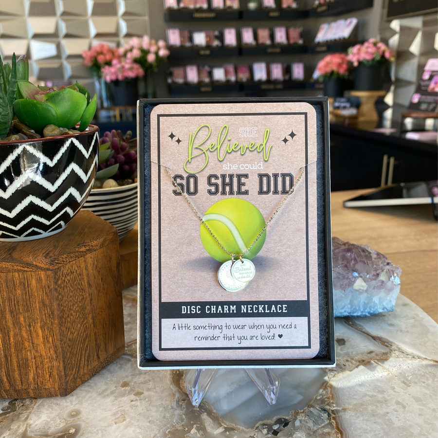 Dainty Tennis Charm Necklace with Tennis charm, and 'She believed she could so she did' charm.