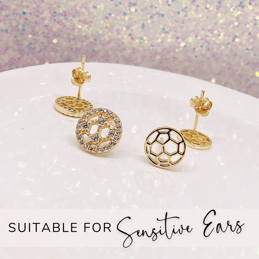 Tiny .925 Sterling Silver Soccer Earrings without and with premium cubic zirconia stones, in a pavé setting.